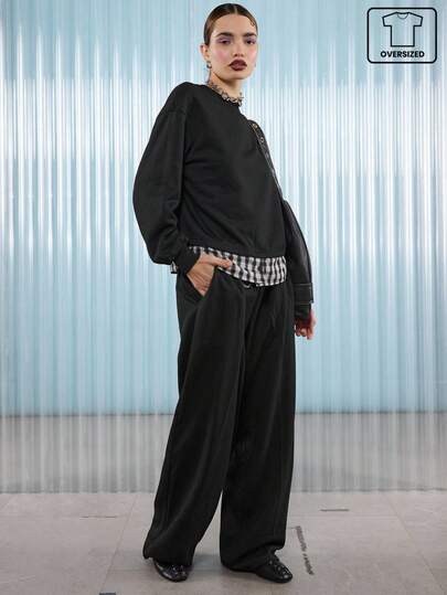 COUREZ 宽松卫衣，黑色格纹下摆细节 / Y2K 冬季女装卫衣，街头风舒适款