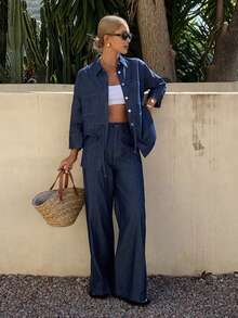 DAZY Women's Collared Waist Drawstring Denim Shirt And Loose Straight Leg Jeans Casual Denim Suit - Dark Wash - View 2