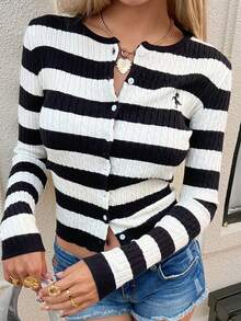 DAZY Women's Round Neck Long Sleeve Striped Embroidered Cable Knit Casual Cardigan - Black and White - View 5