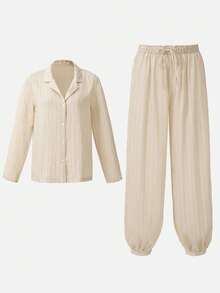 Ocili 女士条纹长袖家居服套装，冬季服装 - 卡其色 - 查看 1