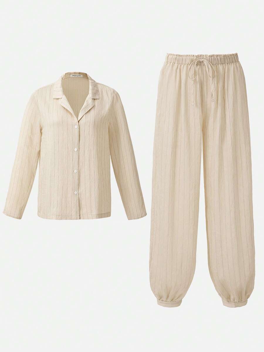 Ocili 女士条纹长袖家居服套装，冬季服装 - 卡其色 - 查看 1