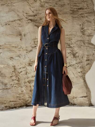 MOTF PREMIUM WOMEN'S SLEEVELESS SIMPLE ELEGANT BUCKLE BELTED DENIM DRESS, SPRING/SUMMER