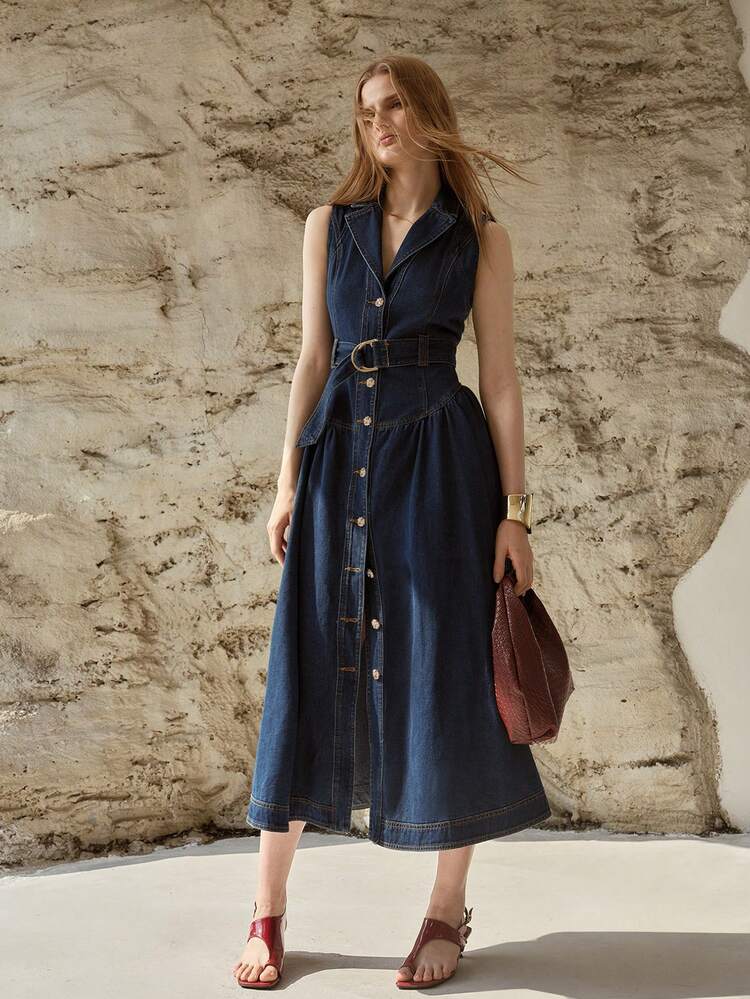 WOMEN'S SLEEVELESS SIMPLE ELEGANT BUCKLE BELTED DENIM DRESS, SPRING/SUMMER