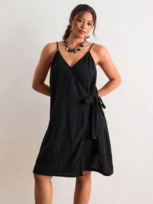SHEIN VCAY Große Größen Lässig einfarbiges Zugband Wickel-Trägerkleid, Strandkleid, Urlaubsoutfit, Boho-Stil - Schwarz - Übersicht 4