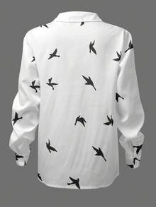 EMERY ROSE Camicia casual a maniche lunghe da donna con colletto alla coreana, chiusura monopetto e stampa di uccelli, versatile per l'ufficio e il tempo libero - Multicolore - Visualizzare 2