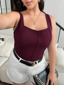 SHEIN Frenchy 女士加大码纯色鱼骨纹压线吊带夏季上衣 - 中紫紅色 - 查看 2