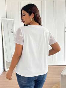 SHEIN Frenchy Plus Size Round Neck Raglan Short Sleeve Ruffle Mesh Splice Elegant T-Shirt - White - View 6