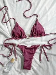 Swim Mod 女士亮面布料露背圆形装饰珠饰比基尼套装，春夏款 - 紅色 - 查看 4