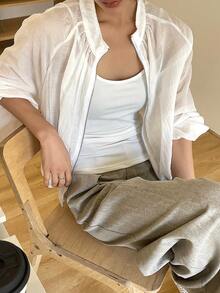 FRIFUL Women's Loose Fit Sheer Round Neck Long Sleeve Blouse - Apricot - View 1