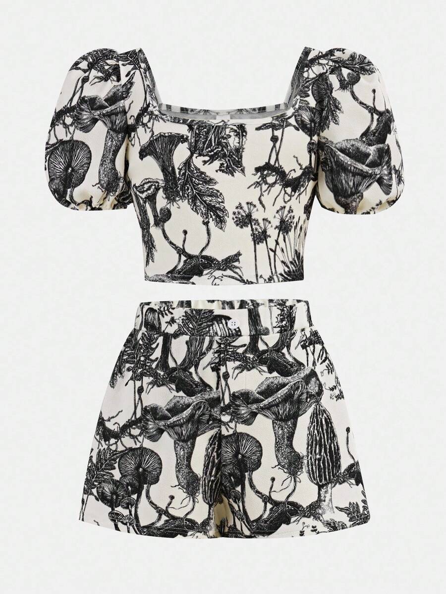 Girlism 少女碎花针织露脐上衣和短裤套装，配有修身泡泡袖，适合女孩度假/休闲穿着 - 黑色 - 查看 1