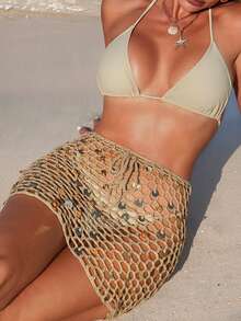 Swim Vcay Women's Khaki Sequin Tie-Up Crochet Hollow Out Casual Vacation Sexy Beach Sarong Skirt - Khaki - View 3