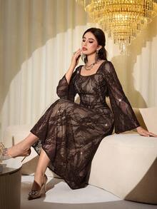 Modelyn French Square Collar Lace Rhinestone Embellished Fitted Long Sleeve Elegant Midi Dress For Women - Brown - View 8