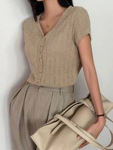 DAZY 女士V领短袖开衫休闲T恤，夏季 - 卡其色 - 查看 6