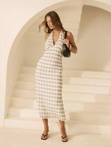 Aralina 女士格子系带露背吊带夏季中长连衣裙，可爱情人节派对假日度假装扮，Y2K斯德哥尔摩风格 - 彩色 - 查看 4