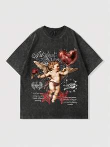 Manfinity EMRG Men's Dark Grey Acid Wash Cupid Angel Heart Balloon Print Oversized T-Shirt | Valentine's Day Vintage Rose Flower Graphic Tee | Y2K Goth Streetwear Romantic Love Art Short Sleeve Top | Summer Holiday Distressed Washed Loose Fit Crew Neck Shirt,Men's Round Neck Angel Letter Print Casual Versatile Daily Short Sleeve T-Shirt Vintage Angel Shirt Religious Graphic Tee Cupid T-Shirt Cherub Graphic Tee - Black - View 2