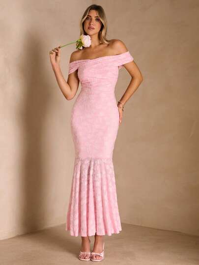 Enchnt Women's Elegant Solid Color Ruffled Hem Off Shoulder Bodycon Dress