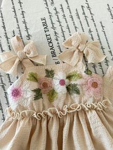 Bộ đồ ngủ bé gái gồm áo hai dây và quần ống rộng thêu hoa, kiểu dáng babydoll, thích hợp cho kỳ nghỉ hè ở bãi biển. - Màu be - Xem 5