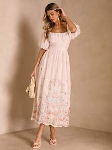 Enchnt Summer Romantic Women's White Floral Embroidery Long Dresse,Tea&Picnic Dress ,Sweet&Elegant For Vacation&Date&Holiday&Going Out,Summer Outfit Women,Pink Dress - Pink - View 5