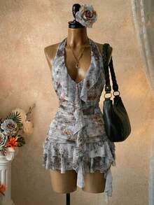 SaltGleam 春夏新款露背荷叶边下摆不对称数码印花修身休闲性感迷你连衣裙（女款） - 彩色 - 查看 6