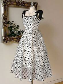 Rometta Plus Size Women's Elegant Chiffon Floral Print Square Neck Sleeveless A-Line Dress,White,Summer,Bachelorette Party,Tea Party,Wedding,Graduation,Dances - Black and White - View 9