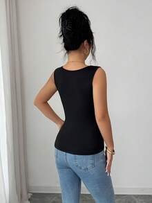 SHEIN Elenzya 女士黑色波浪下摆方领修身吊带背心，夏季百搭 - 黑色 - 查看 2