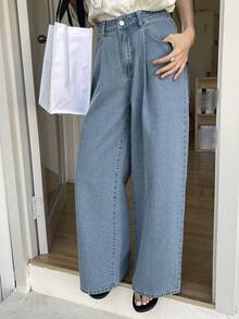 DAZY 女士休闲褶皱阔腿长款牛仔裤，春夏款 - 中等水洗藍 - 查看 8