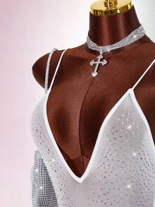 Amplova Rhinestone Glitter Backless Sheer Sexy Bodysuit For Party - White - View 3