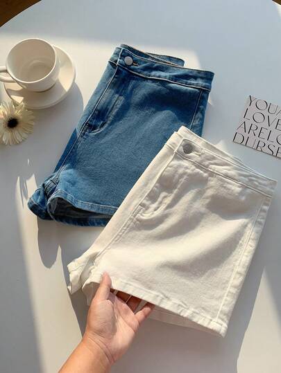 Comfortcana Women's Solid Color Minimalist Casual Denim Set Summer Outfits For Women Spring Break Outfits Spring Shorts Beach Shorts Going Out Shorts Casual Shorts For Women Summer Shorts Carnival Outfits Stylish Women's Denim Jean Shorts Available In Light Blue And White Comfortable For Summer