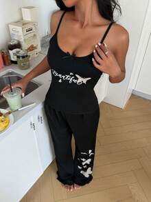 ZzzCrew Women's Casual Butterfly & Letter Print Camisole And Flare Leg Pants Pajama Set - Black - View 1