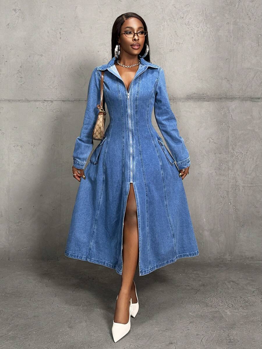 Slaydiva 女士牛仔超长高开衩连衣裙 - 藍色 - 查看 1