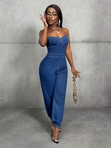 Slaydiva Plus Size Solid Color Fitted Tube Top Stylish Summer Versatile Denim Jumpsuit - Blue - View 4