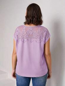 SHEIN Clasi Camisa de talla grande de verano, de unicolor, con parches de encaje - Lila Púrpura - Ver 2