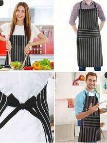 1/2pcs Striped Pattern Apron, Unisex Adjustable Bib Apron With 2 Pockets, Men & Women Cooking Kitchen Apron, Fabric Resistant To Oil Stains, Suitable For Cooking, Baking, Gardening, Restaurant, Kitchen Use - Black - View 2