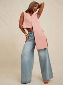 NYA SZN Top sin mangas con detalle de drapeado, fluido, modesto, de negocios, casual, básico, plisado, de iglesia, lindo, básico, elegante de otoño e invierno, adecuado para atuendos de oficina para mujeres - Rosado Sandía - Ver 4