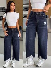 SHEIN PETITE Women's Loose Fit Distressed Pocket Flare Leg Casual Jeans - Dark Wash - View 1