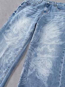 Manfinity Denimwave Jeans casuales de corte recto y suelto con lavado claro, estampado gráfico de ángel láser, estilo callejero, /verano - Azul - Ver 5