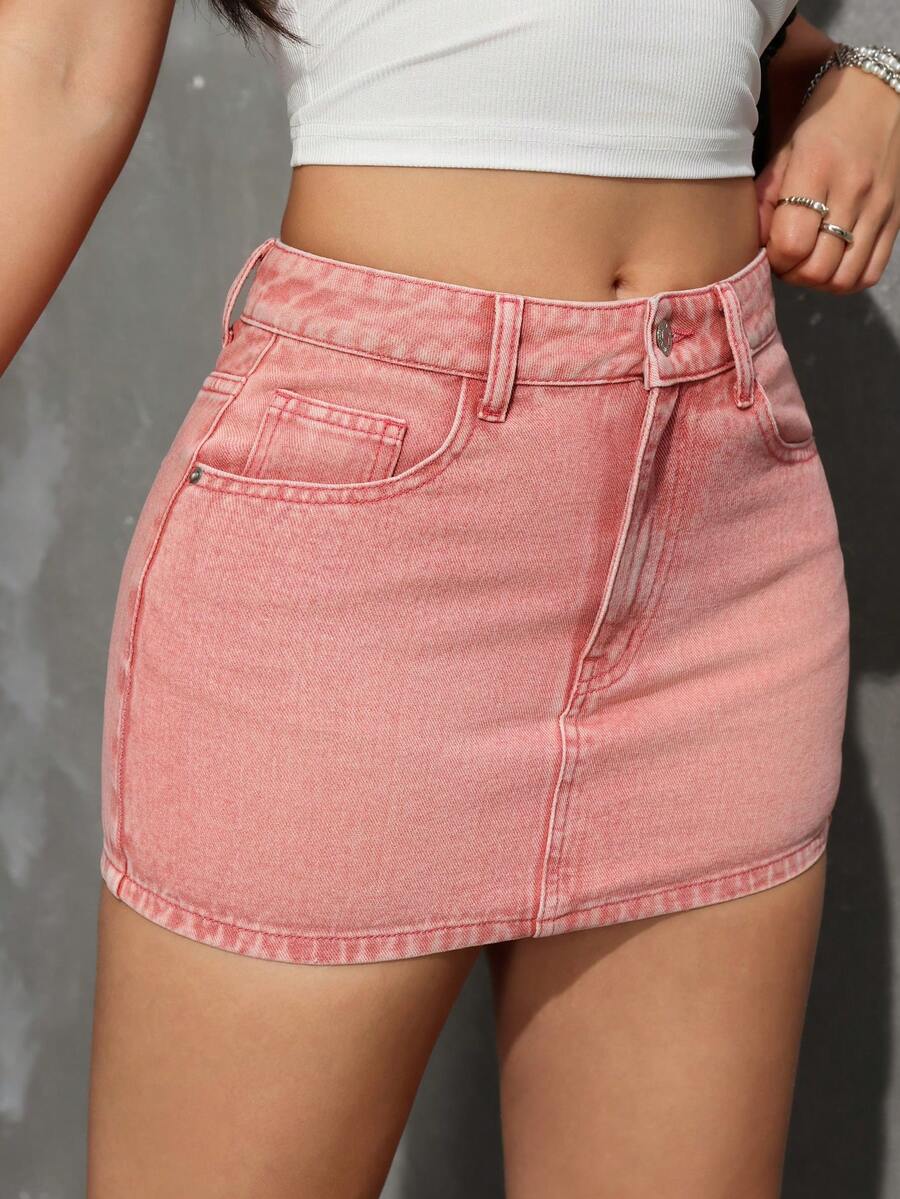 SHEIN PETITE 女士休闲日常通勤时尚街头紧身包臀迷你牛仔裙，夏季 - 淺粉色 - 查看 1