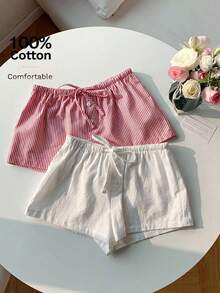 Comfortcana 2pcs Women's New Linen Striped Shorts - Red and White - View 8