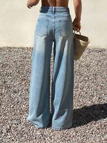 DAZY 女士常规腰围渐变水钻设计宽松直筒牛仔裤，休闲优雅 - 淺色水洗藍 - 查看 3