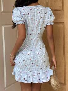 Sunnyshic 女士樱桃印花V领荷叶边迷你连衣裙 - 彩色 - 查看 2