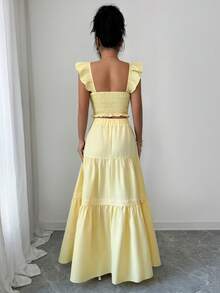 Elenzga New Women's Square Neck Ruffle Sleeve Front Tie Bow Waist Design A-Line Skirt, Vacation Casual Fashion Young Daily Versatile Flattering Elegant 2-Piece Set - Yellow - View 2