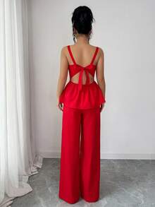 Elenzga Elegant Urban Chic New Women's Red Spaghetti Strap Bow Tie Waist Top And Wide Leg Pants Set, Suitable For Daily Wear, Weddings, Galas, Commuting, Graduation Parties, Holidays, Vacations, Dates, Parties, Halloween, Christmas, New Year, Thanksgiving - Red - View 2