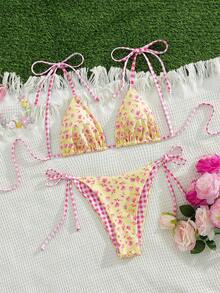 Swim Mod 女士沙滩音乐节花卉格子印花可爱打结细肩带丁字比基尼 - 彩色 - 查看 7