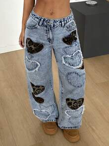 SHEIN PETITE Women's Heart Pattern Casual Jeans - Light Wash - View 7