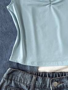SHEIN Maglietta a maniche corte in maglia a tinta unita con scollo quadrato, decorata con merletto, fiocco e maniche arricciate, stile minimalista casual, adatta a ragazze pre-adolescenti, per la primavera/estate - celeste - Visualizzare 4