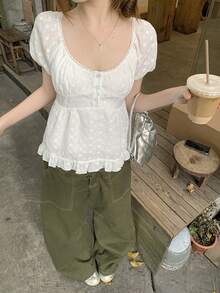 DAZY Women's Korean Style Delicate Summer Puff Sleeve Short Sleeve Slim Fit Blouse - White - View 3