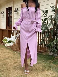 Livesso Rüschen-Saum Taille geraffte einfarbige Sommer Urlaubs Rosa Midi-Kleid für Frauen - Pink - Übersicht 3