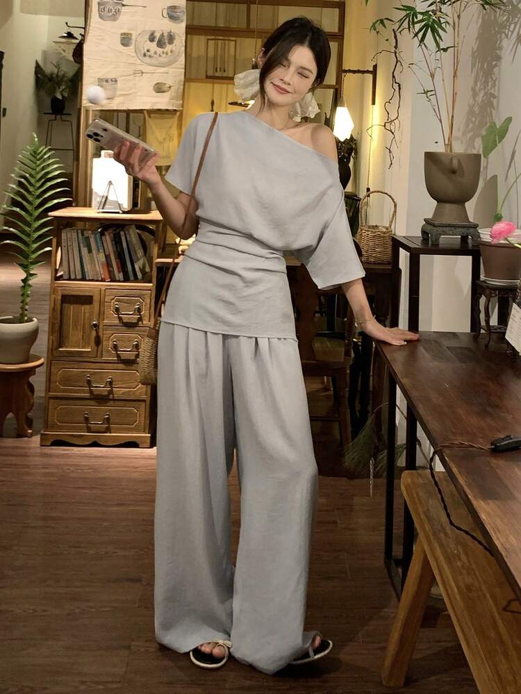 Women's Lyocell Linen Textured Lightweight 2 Pieces Set, Elegant Off-Shoulder Outfit