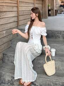 DAZY Women's Tie-Dye Hollow Out Wide Leg Pants, Korean Style Versatile Summer Trousers - Baby Blue - View 7