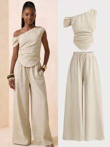 SHEIN Girlism 少女套装，杏色，露肩设计，简约风格，休闲度假风，优雅装扮 - 杏色 - 查看 9